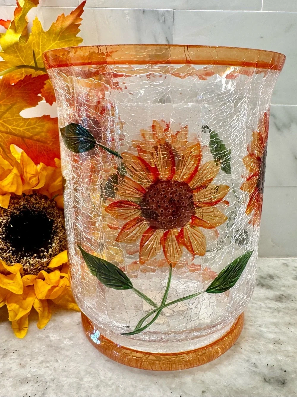 New Yankee Candle Summer Fall Sunflower Crackle Glass Hurricane Candle Holder 7”